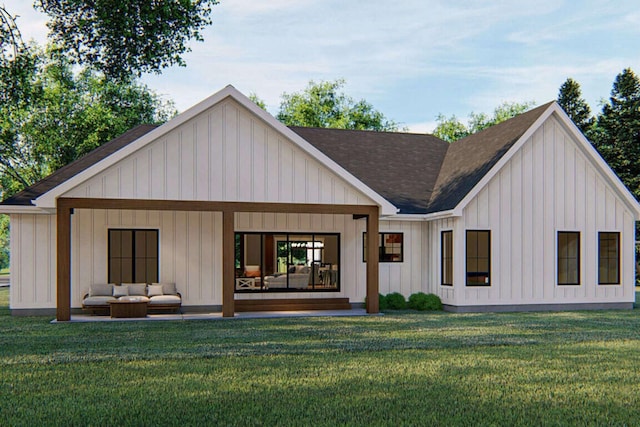 rear view of property with board and batten siding, a yard, an outdoor living space, and a shingled roof