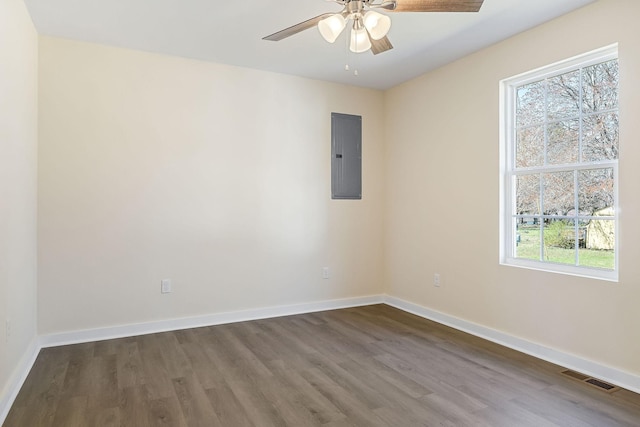 spare room with electric panel, visible vents, dark wood-type flooring, and baseboards