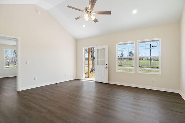 spare room with high vaulted ceiling, dark wood-type flooring, a ceiling fan, recessed lighting, and baseboards