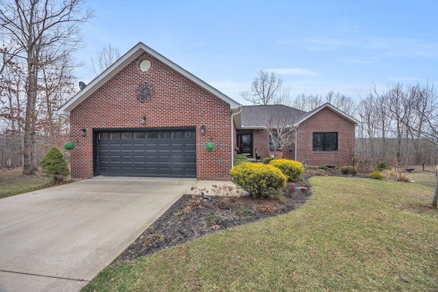 view of front of house featuring a garage, concrete driveway, brick siding, and a front lawn