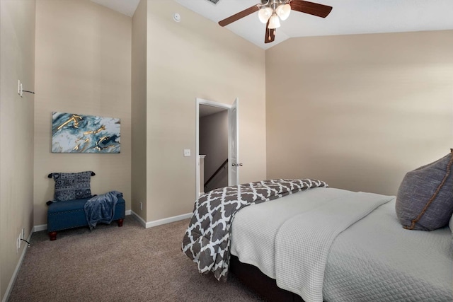 bedroom with high vaulted ceiling, carpet, baseboards, and a ceiling fan