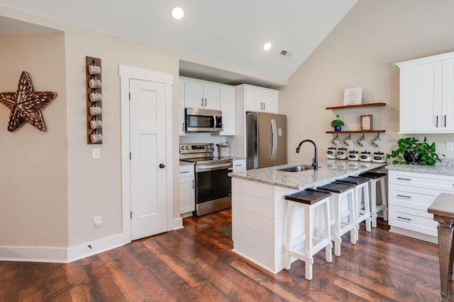 kitchen featuring a sink, open shelves, a kitchen breakfast bar, appliances with stainless steel finishes, and vaulted ceiling