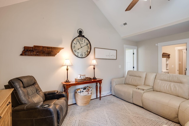 living room with high vaulted ceiling, visible vents, and ceiling fan