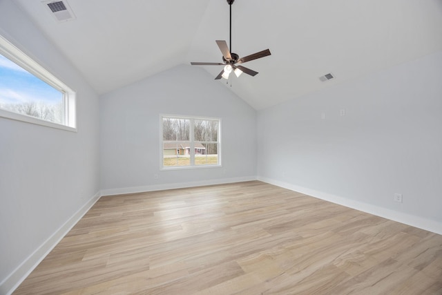 empty room with light wood finished floors, plenty of natural light, visible vents, and ceiling fan