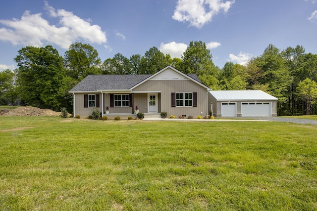 ranch-style house featuring an attached garage, driveway, and a front lawn