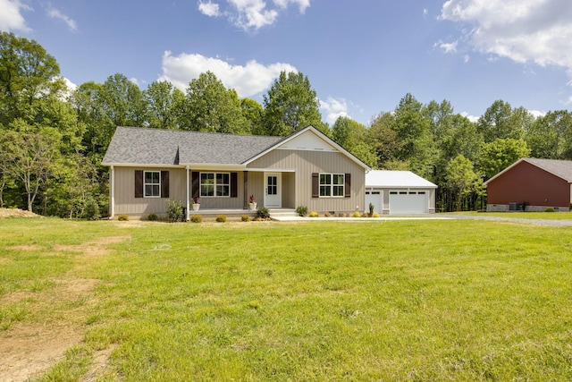 single story home featuring a garage, a front lawn, covered porch, roof with shingles, and driveway