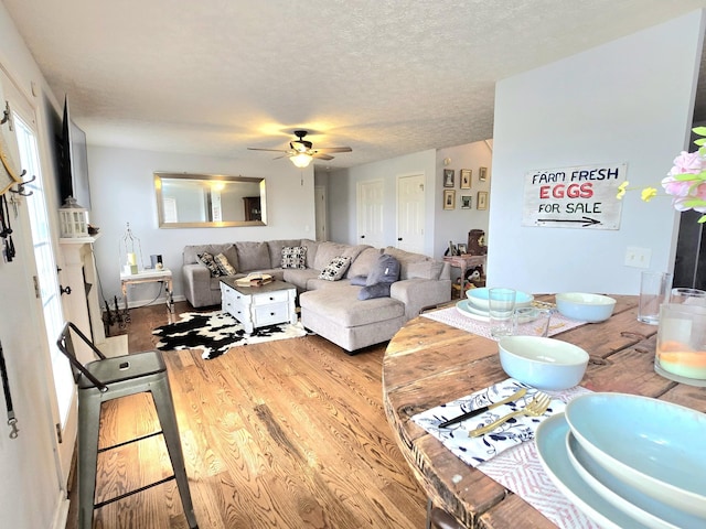 living area featuring a textured ceiling, wood finished floors, and a ceiling fan