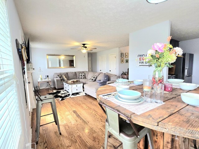 dining space with light wood-style floors, ceiling fan, and a textured ceiling