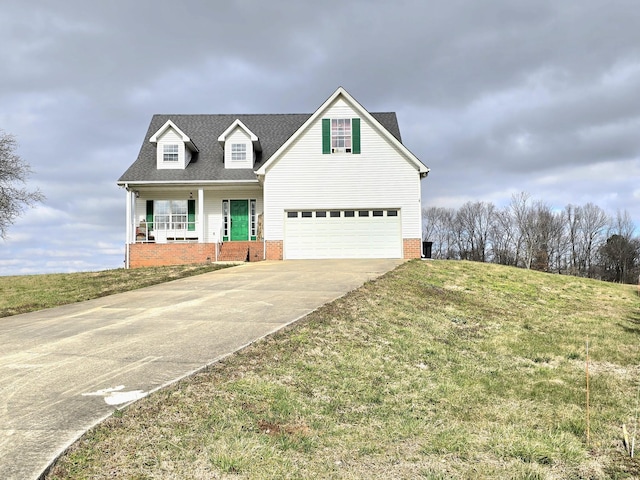 view of front of home featuring an attached garage, covered porch, a shingled roof, concrete driveway, and a front lawn