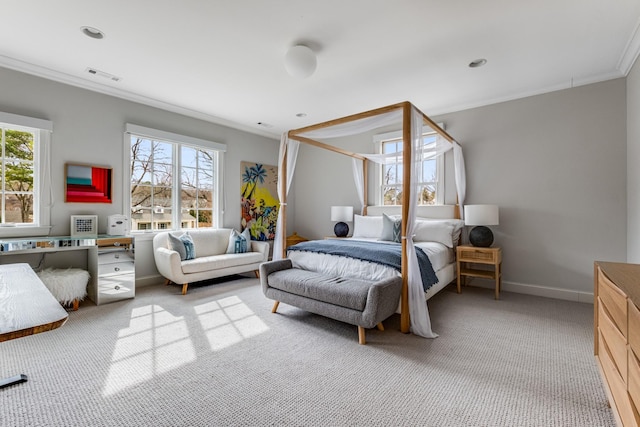 bedroom featuring baseboards, visible vents, light colored carpet, crown molding, and recessed lighting