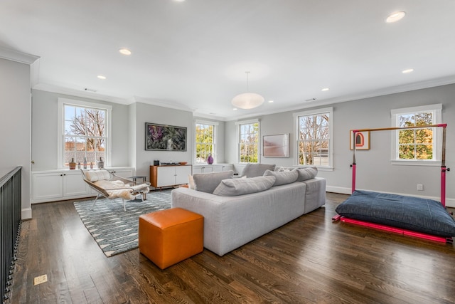 living room featuring dark wood-type flooring, recessed lighting, and ornamental molding