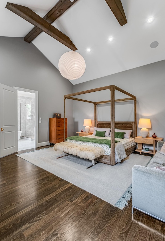 bedroom featuring high vaulted ceiling, recessed lighting, beam ceiling, and wood finished floors