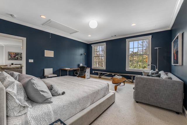 carpeted bedroom featuring ornamental molding, attic access, and recessed lighting