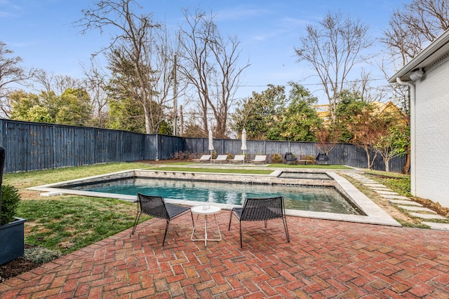 view of pool featuring a fenced backyard, a fenced in pool, and a patio