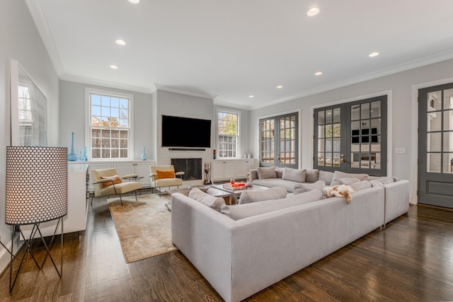 living area featuring plenty of natural light, dark wood-style flooring, a fireplace, and french doors