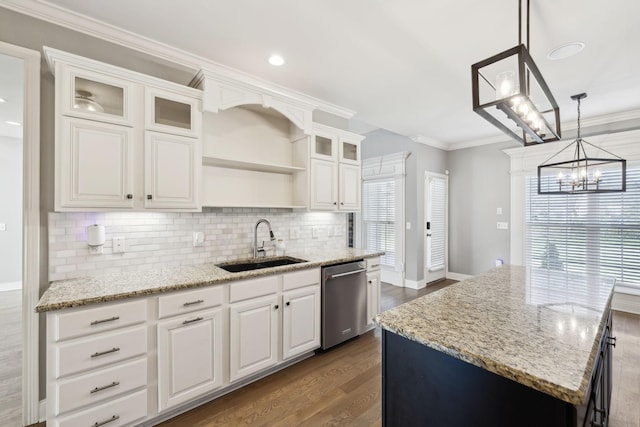 kitchen with a sink, white cabinetry, dishwasher, open shelves, and crown molding