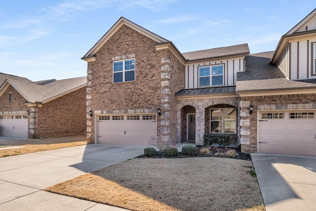 view of front of house with driveway, brick siding, roof with shingles, and an attached garage