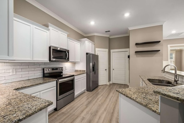 kitchen with a sink, visible vents, white cabinets, appliances with stainless steel finishes, and decorative backsplash