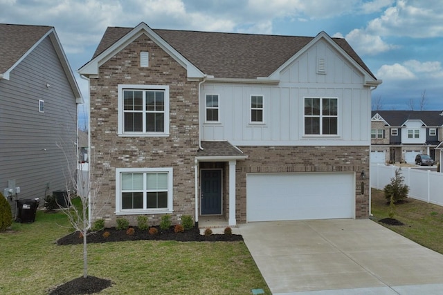 view of front facade featuring central AC, fence, driveway, a front lawn, and board and batten siding