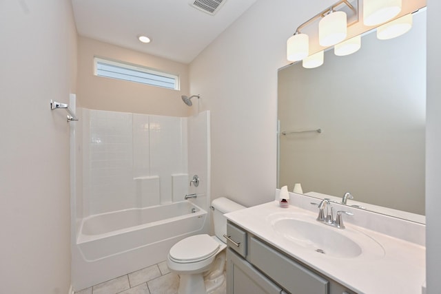 full bath featuring toilet, visible vents, vanity, shower / washtub combination, and tile patterned floors