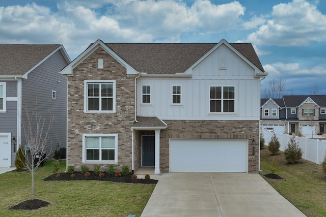 view of front facade featuring a garage, fence, driveway, board and batten siding, and a front yard