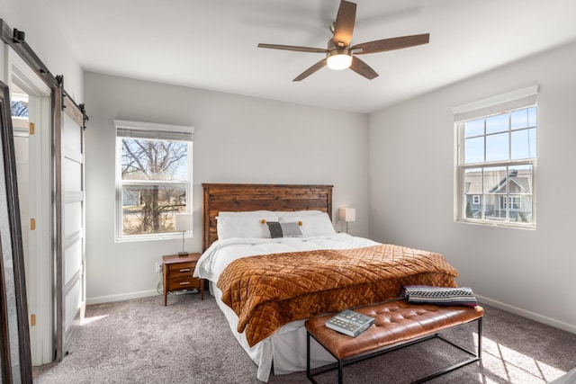 bedroom with carpet floors, multiple windows, baseboards, and a barn door