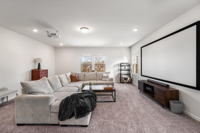 cinema room featuring recessed lighting, carpet flooring, and baseboards