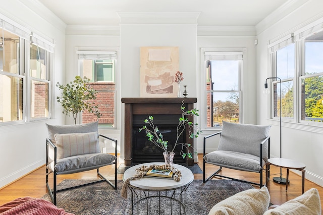 sitting room featuring crown molding, a fireplace, baseboards, and wood finished floors