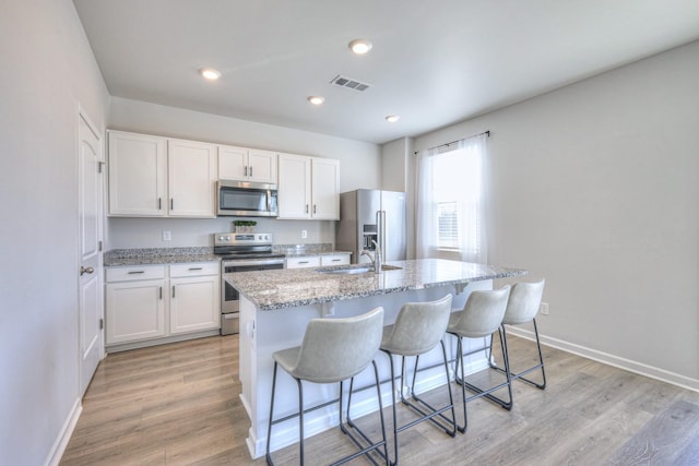 kitchen featuring visible vents, white cabinets, a kitchen island with sink, stainless steel appliances, and a sink