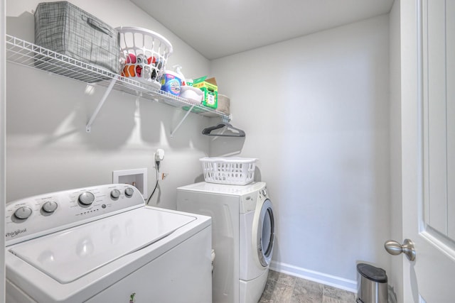 laundry room featuring laundry area, washing machine and dryer, and baseboards