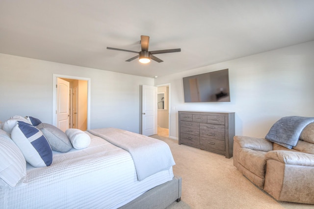 bedroom with light colored carpet and ceiling fan