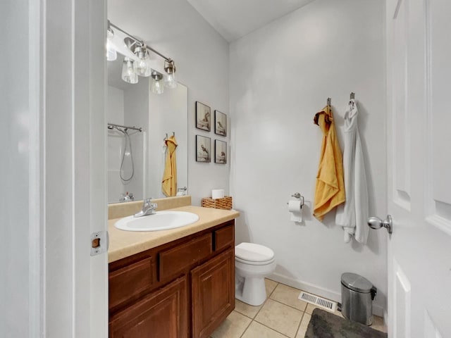 full bathroom with visible vents, a shower with shower curtain, toilet, tile patterned flooring, and vanity