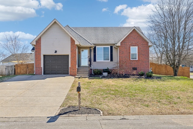 ranch-style home with a garage, brick siding, and fence