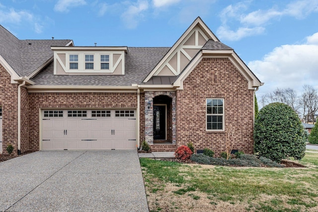 view of front of property featuring concrete driveway, brick siding, roof with shingles, and an attached garage