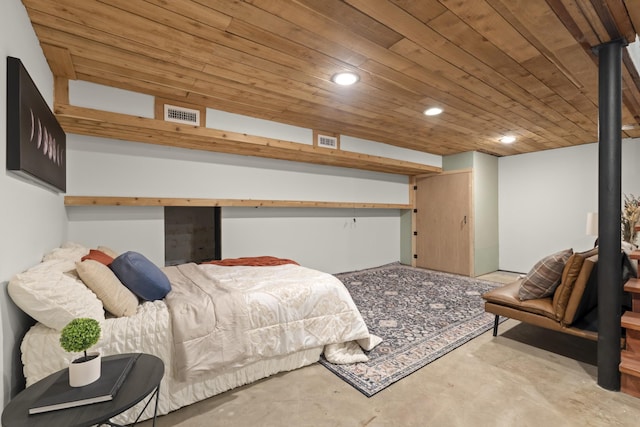 bedroom featuring wood ceiling, concrete floors, visible vents, and recessed lighting