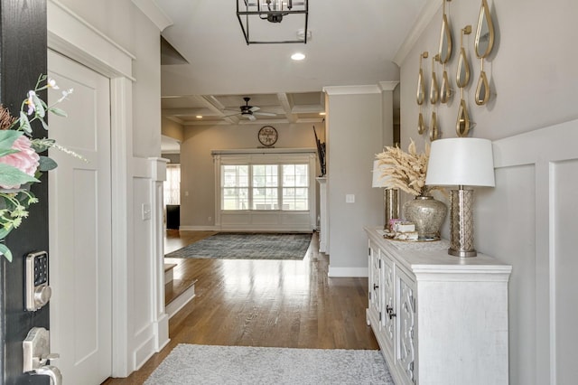 entrance foyer featuring ceiling fan, recessed lighting, dark wood-style flooring, coffered ceiling, and baseboards