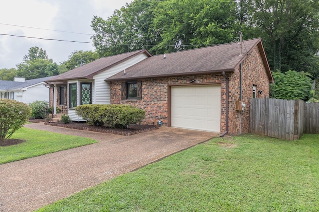 single story home with a garage, fence, concrete driveway, and brick siding