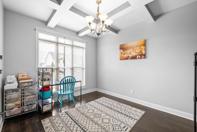 office space featuring a chandelier, coffered ceiling, wood finished floors, and baseboards