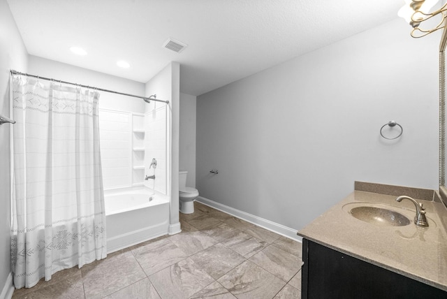 bathroom with shower / bath combo, baseboards, visible vents, toilet, and vanity