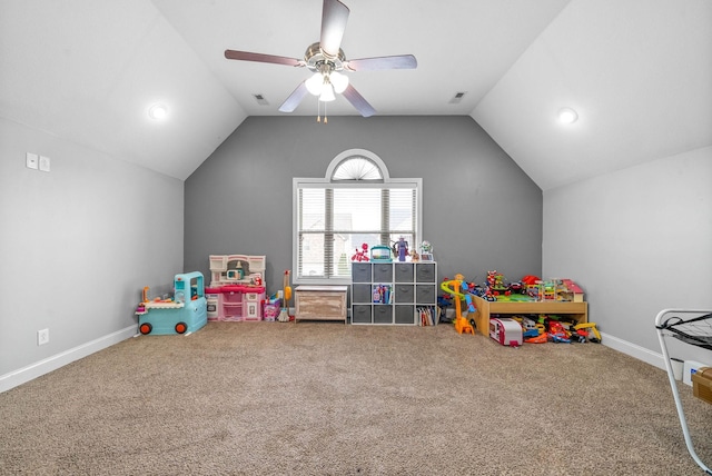 game room featuring carpet floors, visible vents, vaulted ceiling, and baseboards