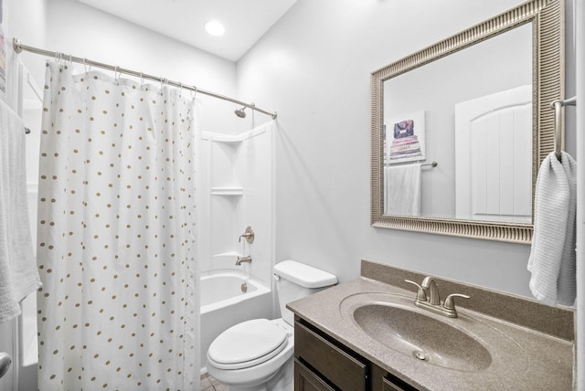 bathroom with toilet, shower / tub combo with curtain, and vanity