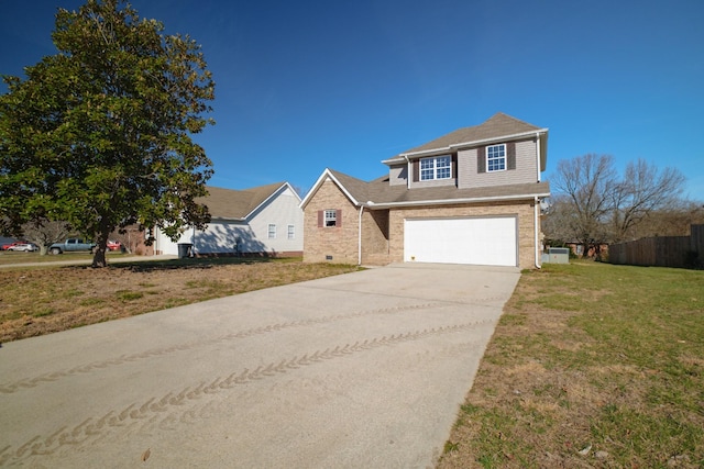 traditional-style home featuring a garage, brick siding, fence, concrete driveway, and a front yard