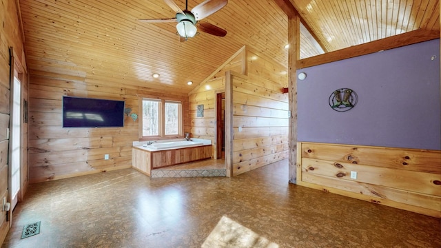 full bathroom with wooden ceiling, wood walls, visible vents, and tile patterned floors