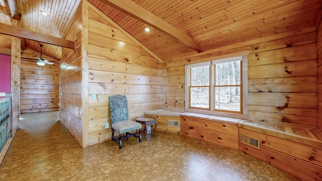 unfurnished room with lofted ceiling with beams, wooden ceiling, wooden walls, and visible vents