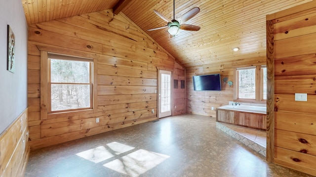 interior space with lofted ceiling, wood walls, and a wealth of natural light