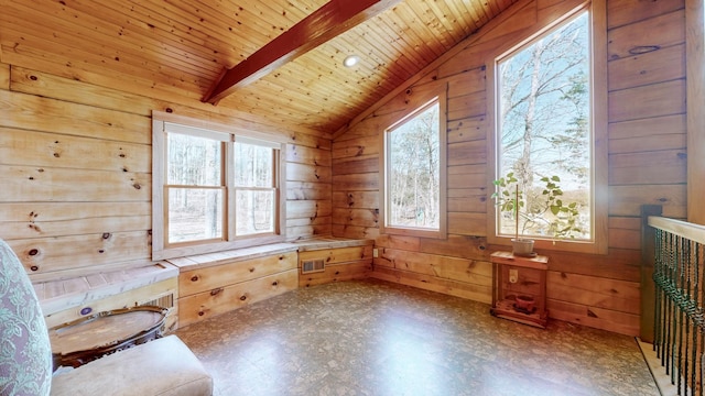 interior space with vaulted ceiling with beams, wood walls, wooden ceiling, and visible vents