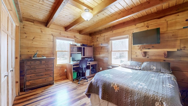 bedroom with wooden ceiling, beamed ceiling, wooden walls, and wood finished floors