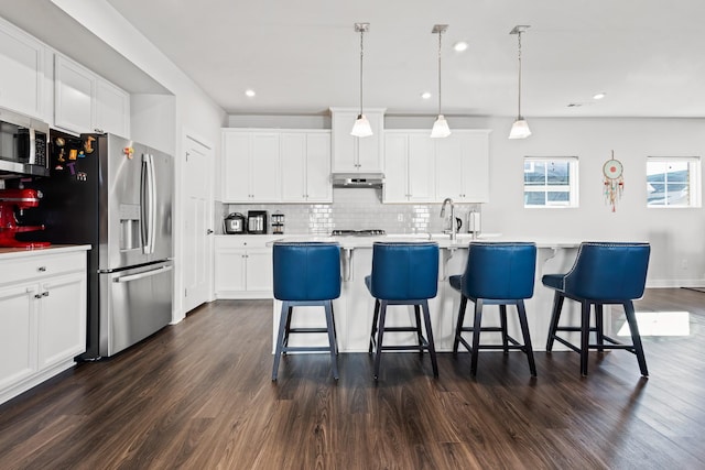 kitchen with under cabinet range hood, decorative backsplash, stainless steel appliances, and dark wood finished floors