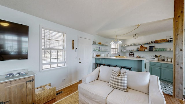 interior space featuring white electric range, wood finished floors, visible vents, green cabinets, and open shelves