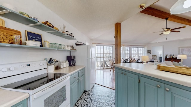 kitchen featuring white appliances, lofted ceiling with beams, open floor plan, light countertops, and blue cabinetry